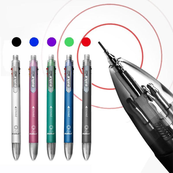 6 in 1 MultiColor Pen 5 Color Retractable Ballpoint Pen With 1 Automatic Pencil Top Mini Eraser For Marker Writing Stationery