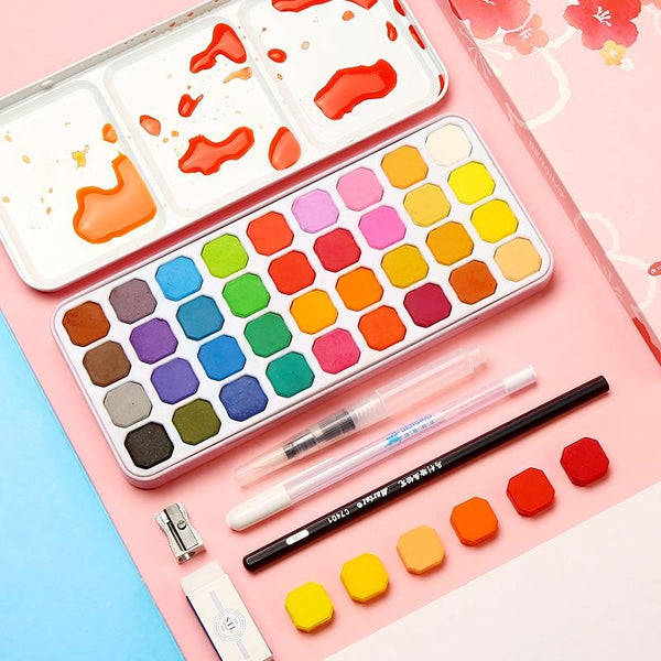 Watercolor paint 36 color iron boxed watercolor brush fountain pen set beginner hand-painted solid water color art supplies